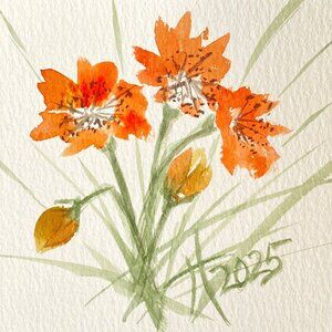 Wildflowers 5 Original Watercolor Painting White Mat 8x8in Frame Ready